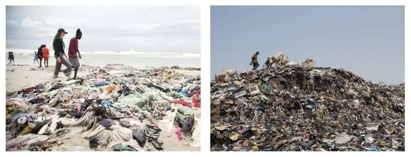 people on a beach with piles of discarded clothing